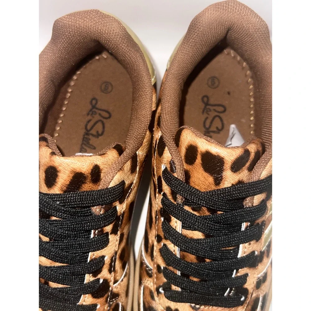 Le Sheelah TOPPING-18 Leopard Print Platform Sneakers Womens Size 6 Gold Stripe
